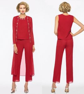 Elegant Red Long Mother Of The Bride Dresses Pants Suit Sheath Long Sleeves Jewel Custom Wedding Party Mother of the Bride Suits