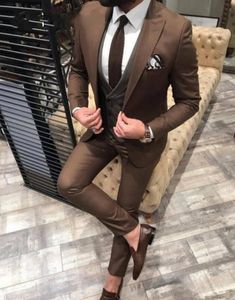 Fashion Brown Groom Tuxedos Peak Lapel Groomsmen Mens Wedding Dress Excellent Man Jacket Blazer Business Suit(Jacket+Pants+Vest+Tie) 1821