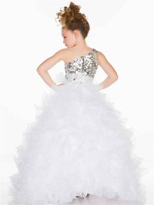 Sparkly Silver Sequins Girls Pageant Dresses One Shoulder Princess Ball Gown Birthday Party Wedding Flower Girl Dress Customize2533