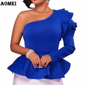 Women Blouse Tops Shirts One Shoulder Sexy Peplum Ruffles Blue Slim Party Wear 2019 Spring Fashion Elegant Ladies Female Clothes Y19062501