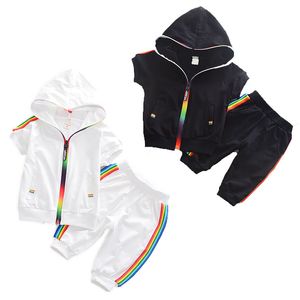Kids Designer Odzież Chłopcy Dziewczyny Stroje Dla Dzieci Zipper Bluzy + Rainbow Stripe Spodnie 2 sztuk / Ustaw Summer Sportswear Zestawy odzieżowe C6613