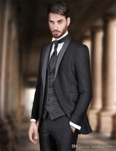 Moda um botão Ternos de casamento preto Noivo Smoking xaile lapela Groomsmen melhor homem dos homens (jaqueta + calça + Vest + Tie) D: 205