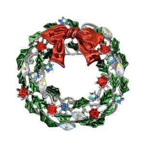 Spilla con ghirlanda di fiori a foglia smaltata multicolore placcata argento vintage da 2 pollici con fiocco rosso Regalo di Natale per gli amici