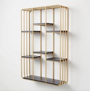 Golden wall shelf Living room iron bookshelf Storage Holders hanging a word partition bedroom cabinet layer rack