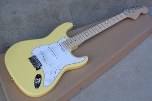 Factory Custom Yellow Electric Guitar with Maple Scalloped Neck,Abalone Dots Fret Inlay,White Pickguard,Chrome Hardware,Can be Customized