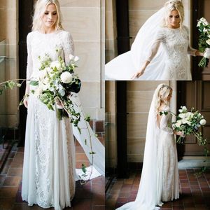 Vintage Lace Sheath Boho Wedding Dresses 2019 Sheer Illusion Long Sleeves Appliques Jewel Neck Applique Chiffon Bridal Gowns BC0590