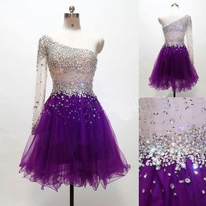 Bling Bling Crystal Beads Homecoming Dresses Party Dress Cocktail 2019 Jeden Ramię Z Długim Rękawem Dark Purple Tulle Rurociąg Suknia
