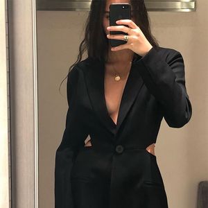 2019 Autumn Office Lady Deep V Neck Notched Blazer Sexy Waist Cut Hollow Out Casual Suit Women Single Button Black Blazers