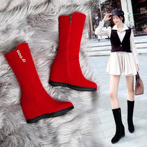 Hot Sale-Red Black Wedge Mid Calf Boots Invisid Höjd Ökad Vinter Booties Kom med Box