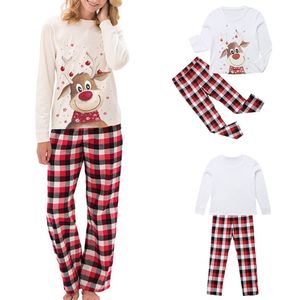 Women Christmas Family Jumper Sleepwear 2pcs Reindeer Print Sleep T-Shirt with Checked Pants Set for Mom Dad and Kids Home Lounge Wear