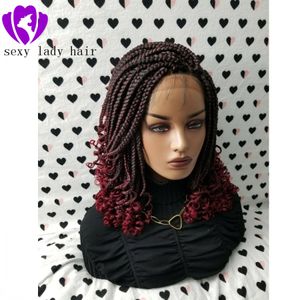 Handmade 14inch Box Braid Pleciona Koronkowa Peruka Przednia Peruka Z Kręcącymi Końcami Kolor 1b / Burgundy Czerwony Ombre Kolor Krótkie Płaszcz Włosy Peruki Dla Czarnych Kobiet