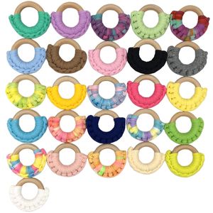 52 Colors 50mm INS Baby Infant Wooden Teether Toy Healthy Wood Circle Knitted Fabric Teeth Practice Toys Training Ring M2209