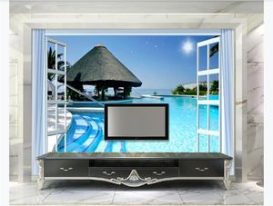 3D personalizado grande foto mural papel de parede piscina Ao Ar Livre céu azul vista para o mar à beira-mar 3D sala de TV fundo mural papel de parede