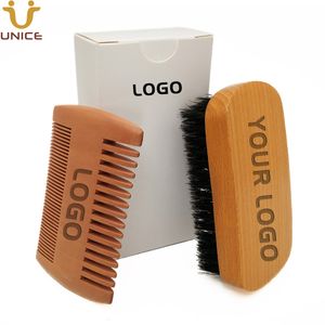 MOQ 100pcs Dual Sided Wood Combs Pinsel Herren Bart Kits Set in White Box mit Druck OEM Custom Logo