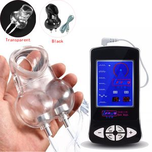 Erotic Toys Electric Shock Chastity Cage Cock Rings Scrotum Bound Ring Electro Shock Ball Stretcher Male Masturbator Sex Toys Y191108