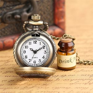 Vintage Creative Drink Me Glass Bottle Pocket Watches Quartz Analog Watch for Women Lady Girl Clock Halsband Pendant Chain Gift305K