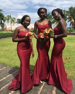 African Burgundy Strapless Mermaid Prom Dresses Simple Country Guest Gowns Maid Of Honor Dress Plus Size BM1542