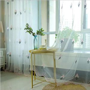 Sheer Gardiner Ins Nordic Rhombic Broderat fönster Vit Garn Semi Shading Curtain Balkong Bedroom Partition