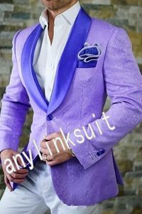 Yeni Popüler Bir Düğme Paisley Düğün Erkekler Suits Şal Yaka İki adet İş Damat smokin (Ceket + Pantolon + Kravat) W1263 lila