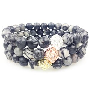 Wholesale rose grey resale online - SN0359 Newest Gold Rose Gold Silver Plated Lion Head Bead Bracelet Fashion Grey Jasper Men Bracelet Stone Bead Stretch Bracelet