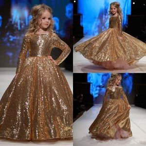 2020 Princess Sparkly Gold Sequined Girls Pageant Dresses Jewel Neck Long Sleeves Floor Length Kids Flower Girls Dress Cheap Birthday Gowns