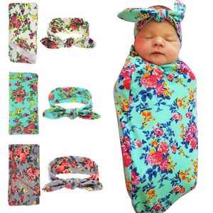 3 Styles Newborn Swaddling Blankets Bunny Ears Headbands Set Swaddle Photo Wrap Cloth Floral Pattern Baby photography props DHL M519