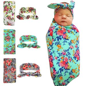 3 stilar nyfödda swaddling filtar kanin öron huvudband set swaddle foto wrap tyg blommönster baby fotografi rekvisita dhl m519