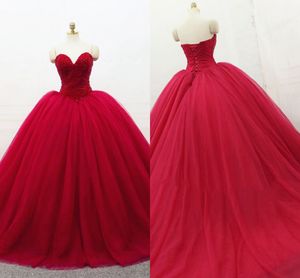 Dard Red Prom Quinceanera Klänningar Kristall Beaded Strapless Lace-up Tulle Ball Gown Sweet 16 Dresses Prom Gowns Graduation Dress 2019