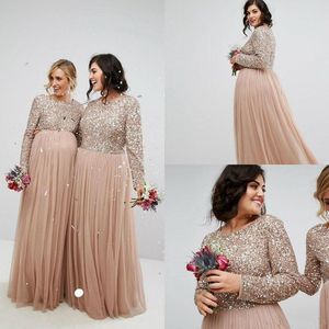 Ouro rosa lantejoulas vestidos de dama de honra mangas compridas tule uma linha jóia pescoço até o chão maternidade dama de honra vestido de casamento do país