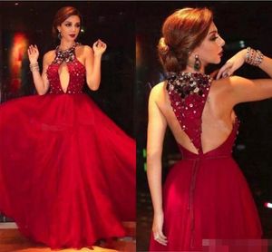 Bury Prom Dresses Halter Sleeveless Tulle Beaded Crystal Sequins Plunging Sexy Back Evening Gown Formal Ocn Wear