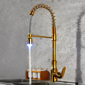 Gold Finish Pull Down Kitchen Faucet Single Lever Kitchen Sink Mixer Hot Cold Deck Mounted LED Light Color Change Water Taps