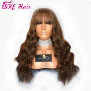 Long Brown Color Lace Front Pärlor med Bangs Värmebeständig syntetiska naturvåg Paryk för kvinnor African American