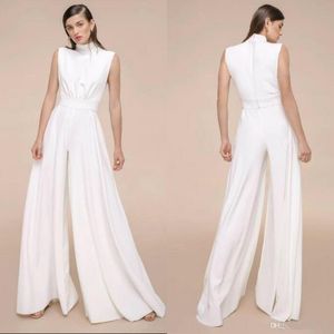 Elegant Cheap Simple Women Pantsuits Satin Jumpsuits Prom Dresses Floor Length Formal Evening Gowns High Neck Arabic Robe De Soiree