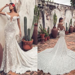 Julie Vino 2019 Muhteşem Mermaid Gelinlik Sheer Boyun Dantel 3D Çiçek Aplike Gelinlikler Bohemian Beach Custom Made Gelinlik