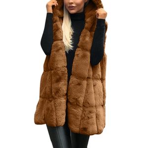 カジュアルな冬の厚いフェイクの毛皮のベストジャケットの女性ソリッドカラーフード付きウエストキャットファッション