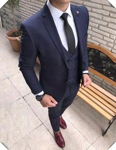 Lacivert Damat smokin Notch Yaka Sağdıç Düğün Smokin Moda Erkekler Prom Parti Ceket Blazer 3 Adet Suit (Ceket + Pantolon + Kravat + Vest) 812