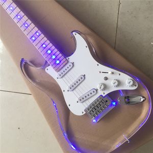 Gratis frakt Acrylic Electric Gitarr Maple Fretboard Neck Fingerboard Transparent Body With LED Light Nya LED Guitarra Guitars