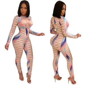 U Women Sexy Bodycon Jumpsuits Multicolor Block Cross Line Print O-Neck Slim Long Pencil Pants Party Club Curvaceous Lady Romper V200325