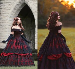 Kırmızı Ve Siyah Dantel Gelinlik Vintage 2022 İki Katmanlar Etek Kapalı Omuz Rhinestones Prenses gelinlik vestidos de novia