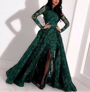 Stunning 2018 Emermaid Green Detachable Skirt Prom Dresses Long Sleeve Jewel Neck Mermaid Split Shiny Lace Special Occasion Formal Gowns