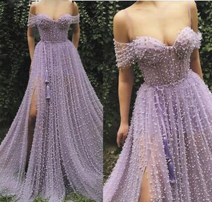 Lavender Pearls A Line Prom Dress 2020 Off the Shoulder Sexy Sweetheart Neck Spaghetti Strap High Split Formal Party Gowns Vestido De Longo