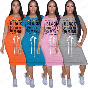 Mode Design Kvinnor One-Piece Dress Black av Popular Behov Brev Skriv ut Kortärmad Lace-up Waist Knee-Length Dress Street Clothing D5716