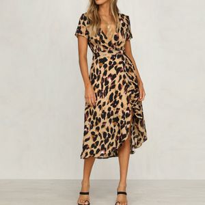 Abiti Spedizione gratuita da donna con stampa leopardata Boho Maxi vestito da festa da donna vestito lungo a maniche corte vendita calda