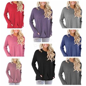 Women Long Sleeve Shirts Casual Tops with Pocket T-Shirt Sexy Tees Fashion Solid O-neck Blouses Blusas Apparel Tee LJJA2856