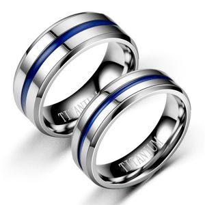 Stainless Steel Blue Ribbon Groove Band Rings Wedding Ring Gift Fashion Jewelry for Women Men Will and Sandy