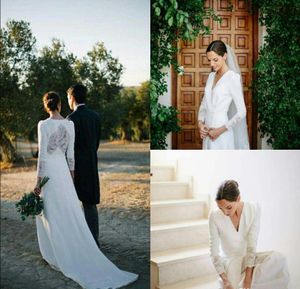 Vintage Długą Rękaw Wedding Sukienka 2019 V Neck Lace Spandex Elegancki Linia Sweep Pociąg Skromny Design Suknie Ślubne Custom Size