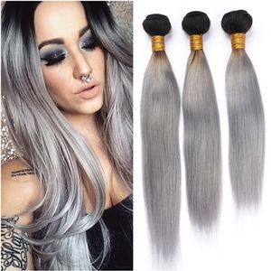 1B/Grey Ombre Virgin Malaysian Human Hair Extensions Silky Straight Hair Weaves Ombre Silver Grey Human Hair Bundles Dark Root 3Pcs Lot