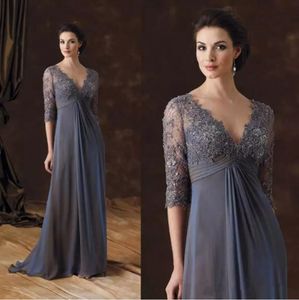 Chic Mother's Dresses Mother of the Bride Wear V-hals Empire Midja A-Line Brudgum Wear Floor-Length Chiffon Plus Size aftonkl￤nningar