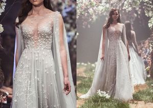 Paolo Sebastian Gelinlik Modelleri Bling Yıldız embriodery Illusion Mücevher Boyun Lüks Abiye Giyim Sweep Tren Tül Resmi elbise Parti Giyim 4270