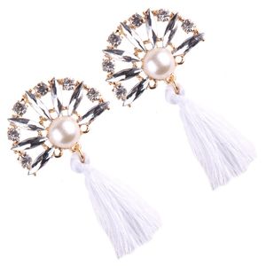 Wholesale-new trendy fashion luxury designer exaggerated vintage fan diamond pearl crystal long tassel stud earrings for women girls